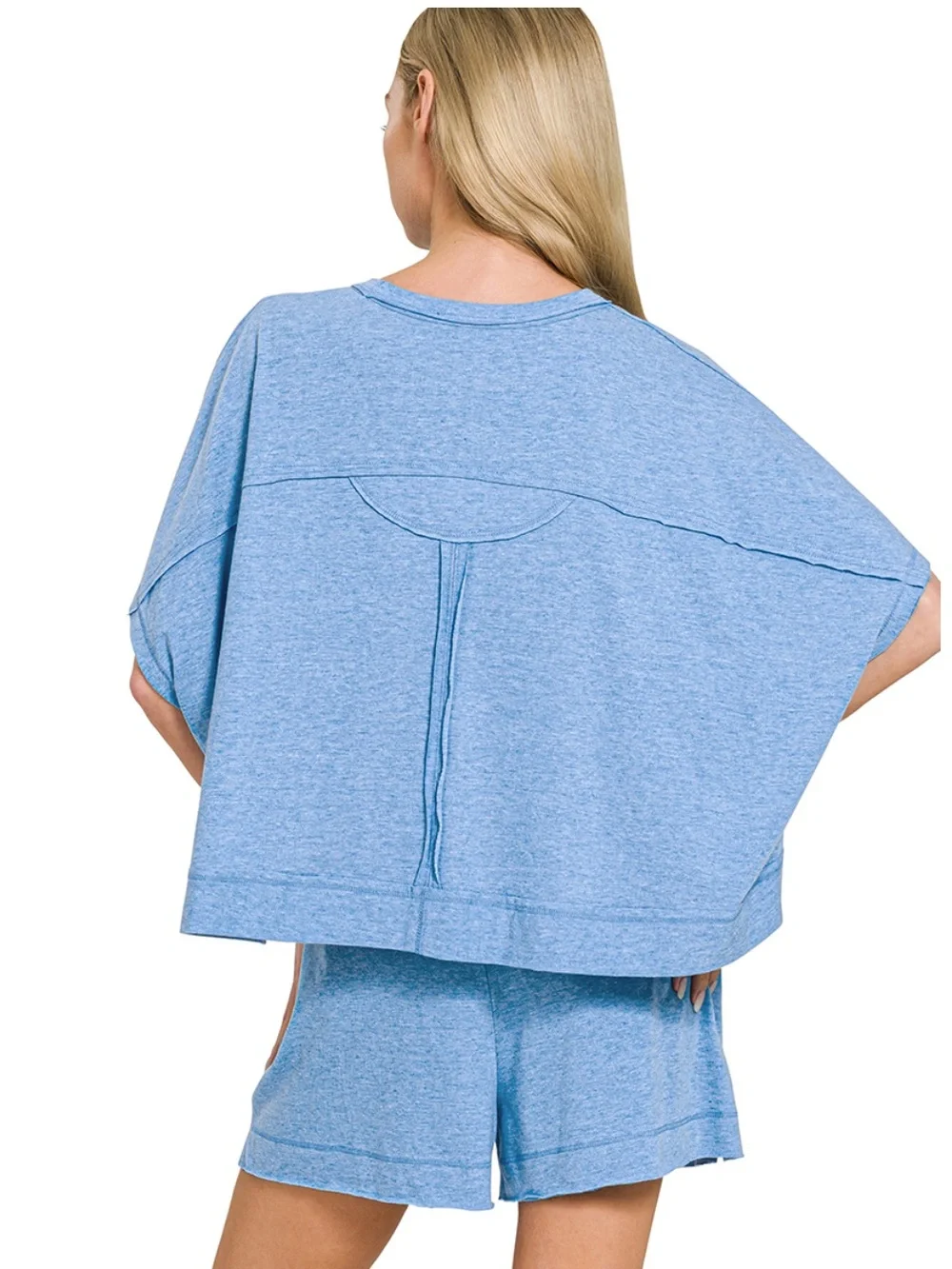 NEW Zenana Heather Ocean Blue Exposed Seam Boxy Top & Shorts Set – Medium